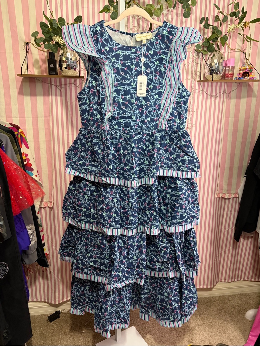 Simply Southern NWT Blue Floral Ribbon π Tiered Ruffle Dress L B 38β - Picture 2 of 4
